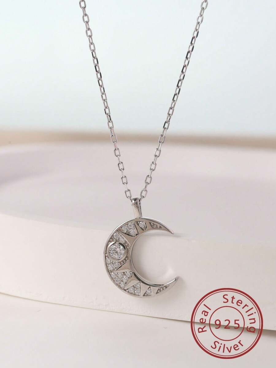 1件時尚簡約風925銀月亮吊墜項鍊,是給女性的理想生日禮物