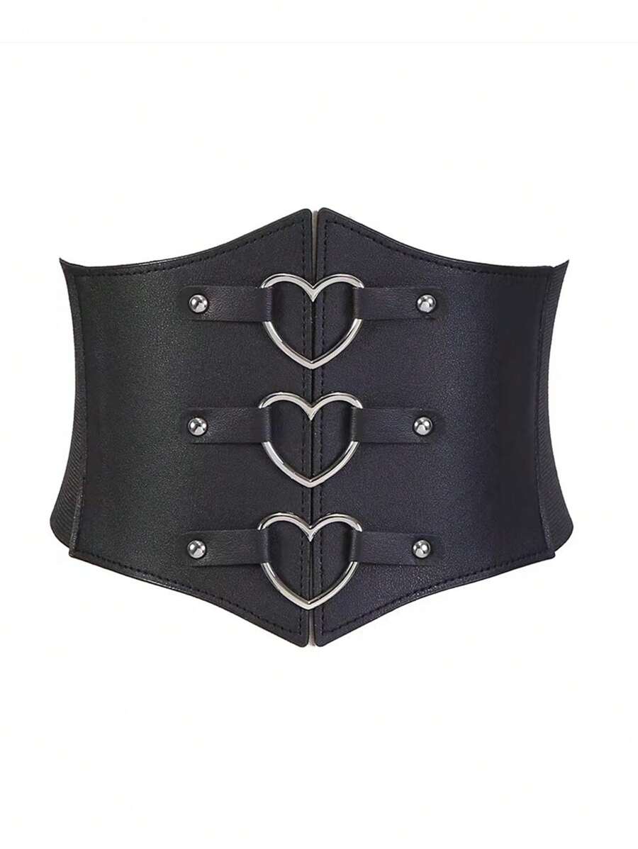 1 pieza Abrigo de vestir de mujer con hebilla de triple corazón de PU, cinturón elástico de la cintura, de moda para uso diario y días festivos, múltiples tallas de cinturón de corsé de mujer para vestido, entrenador de cintura para adelgazamiento y control del abdomen, disfraz de Halloween - Negro - Ver 1
