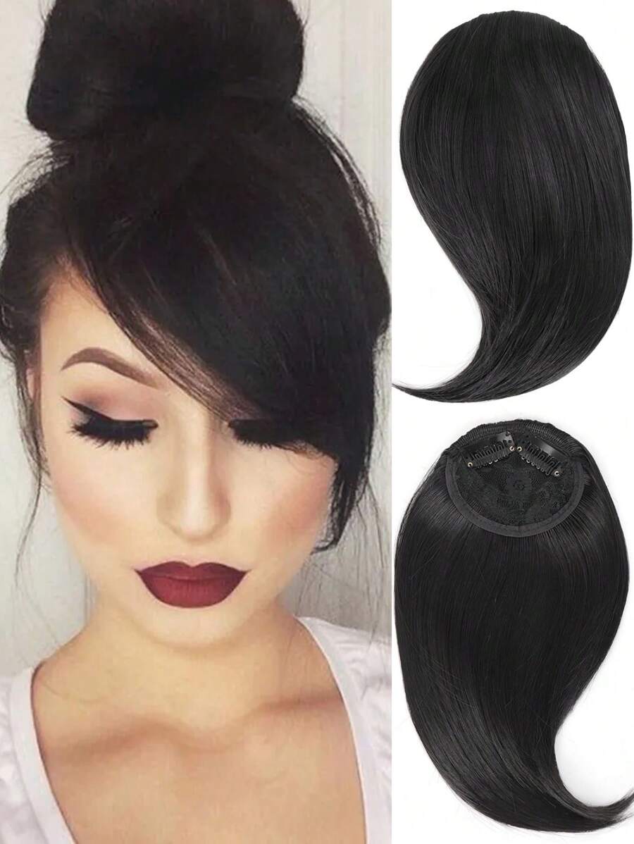 Synthetic Side Bangs Hair Extensions Clip In Side Bangs Fake Fringe Hairpiece High Temperature Black Blonde Wig - Black - View 1
