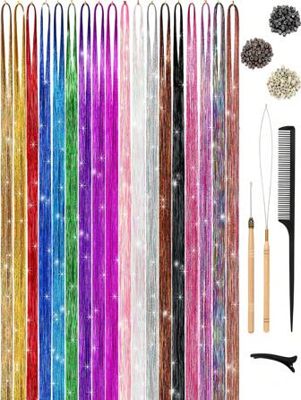 Hair Tinsel Kit, 18/16/12 Colors 48 Inches, Fairy Hair Tinsel Hair Extensions Heat Resistant With Tools, Hair Accessories For Women Girls