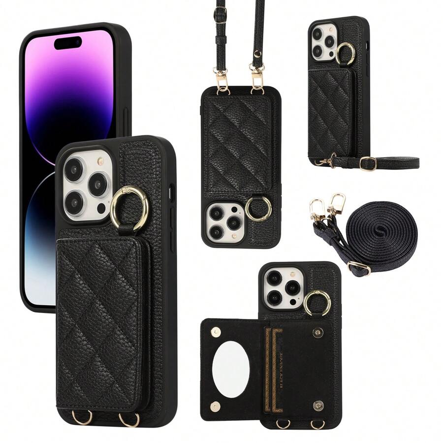 1pc Lychee Pattern Card Holder & Ring & Lanyard Pu Leather Phone Case Compatible With iphone - Black - View 1