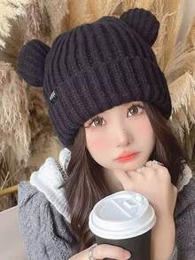 熊耳編織冬帽,適用於秋冬季節,保暖厚實,可愛翻臉 - 黑色 - 查看 2