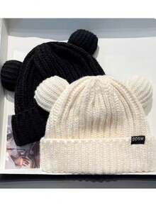 熊耳編織冬帽,適用於秋冬季節,保暖厚實,可愛翻臉 - 黑色 - 查看 5