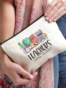 来自老师的感谢礼物字母老师卡通图案米色涤纶可折叠拉链收纳袋化妆包洗漱包化妆包适合个人旅行化妆品收纳适合大学生返校礼物送给老师感谢老师的礼物感谢老师的礼物化妆包化妆收纳盒用于旅行的化妆工具送给妈妈的礼物 - 米色 - 查看 7