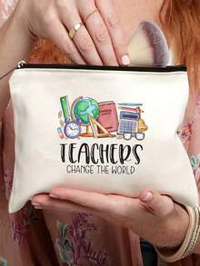 来自老师的感谢礼物字母老师卡通图案米色涤纶可折叠拉链收纳袋化妆包洗漱包化妆包适合个人旅行化妆品收纳适合大学生返校礼物送给老师感谢老师的礼物感谢老师的礼物化妆包化妆收纳盒用于旅行的化妆工具送给妈妈的礼物 - 米色 - 查看 6