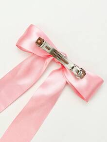 1pc Solid Color Satin Bowknot Hair Clip For Women, Suitable For Daily & Commuting Wear - Pink - View 3