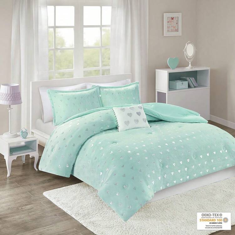 Mi Zone Rosalie女孩子用床單組,超柔軟微光毛絨金屬印花心形圖案,反面刷織,超軟填充物防過敏全季,雙人小床/加大型雙人小床,大床,家居裝飾 - 薄荷藍 - 查看 8