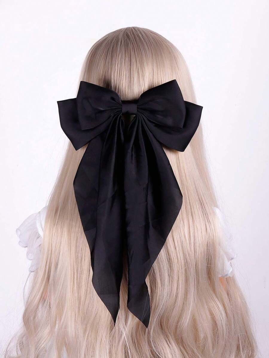 1pc Korean Style Solid Color Hair Bow Clip With Ribbon Streamers For Little/Girls - Elegant, Simple, Chic And Cute Princess Hair Accessory In Double Layer, Extra Large Size And Long Tail With A Spring Clip Back For Easy And Secure Attachment, Pink - Suitable For Daily Wear, Dance Party, School Start Season, Birthday Party, Travel, Vacation, Photography, Amusement Park - Black - View 1