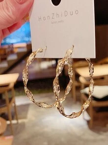 2pcs Korean Style S925 Sterling Silver Needle Metallic Wave & Circle Design Hoop Earrings Valentine's Day Accessories - Gold - View 3