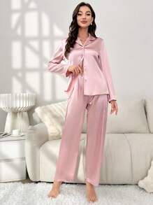 Nina Bonheur 2pcs Women Poplin Open Front Button Down Long Sleeve Shirt + Elastic Waist Pants Sleepwear Set, Cute Loungewear, Fall Winter Clothes - Pink - View 2