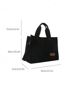 簡約風燈芯絨托特包,字母貼飾單肩包,多口袋斜挎包 - 黑色 - 查看 6