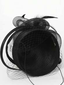 HIMESPORT 黑色帽子女式雞尾酒會茶禮服頭飾優雅肯塔基德比賽帽帶羽毛面紗 - 黑色 - 查看 5