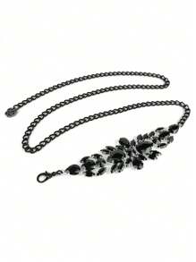 Party 1pc Women's Chain Belt With Rhinestones Inlaid, Black Waist Chain Halloween Summer, School Fall, Autumn, Halloween - Black - View 5