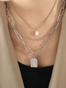 1 Peça Colar De Aço Inoxidável Pingente Multi-camadas De Alta Qualidade Fashionable E Único De Rosto Multicamadas Estilo Vintage