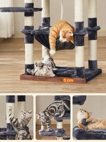 FEANDREA Árbol para Gatos de Altura 143 cm, Torre para Gatos, con 11 Postes Rascadores, 2 Plataformas, 1 Cueva, 1 Hamaca, 2 Pompones, Tela de Felpa, Multinivel, Beige/Gris - Gris - Ver 7