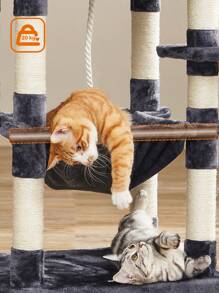 FEANDREA Árbol para Gatos de Altura 143 cm, Torre para Gatos, con 11 Postes Rascadores, 2 Plataformas, 1 Cueva, 1 Hamaca, 2 Pompones, Tela de Felpa, Multinivel, Beige/Gris - Gris - Ver 4