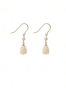 A Pair Of Vintage Elegant Sweet S925 Sterling Silver Pearl Shell Lily Of The Valley Fine Ear Studs For Women Girl Fashion Earrings Birthday Daily Life Jewelry Gift - Gold - View 4