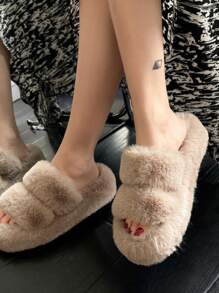 4.5cm栗色女性時尚厚底家庭濃烈香調毛茸茸拖鞋 - 紫紅色 - 查看 4