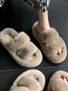 4.5cm栗色女性時尚厚底家庭濃烈香調毛茸茸拖鞋 - 紫紅色 - 查看 6