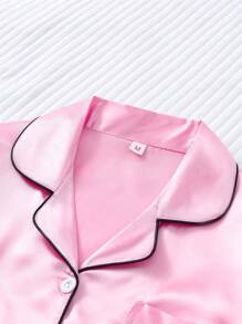 2 件套女士缎面黑色镶边粉色长袖翻领上衣和长裤睡衣套装，适合秋冬、秋季服装 - 粉色 - 查看 3