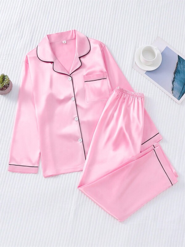 2pcs/set Women's Satin Black Trim Pink Long Sleeve Turn-down Collar Top And Long Pants Pajama Set For Autumn/winter