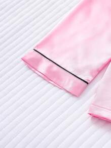 2 件套女士缎面黑色镶边粉色长袖翻领上衣和长裤睡衣套装，适合秋冬、秋季服装 - 粉色 - 查看 7