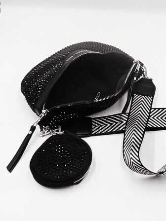 Bolso de hombro / bandolera, bolso de cintura o bolso de pecho para damas con decoración brillante de diamantes de imitación y bolso para monedas, estilo popular, conjunto de bolsos para mujeres con conjunto de monedero, perfecto para montar a caballo