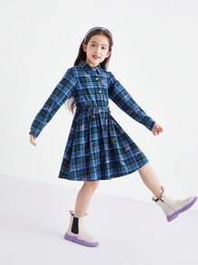 Annil Tween Girls  Fashion Fresh Plaid  Long Sleeve Dress Green