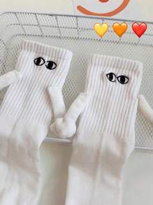 2 双情人节磁性牵手袜，个性化娃娃可爱牵手中筒袜，秋季 - 白色 - 查看 4