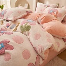 1個花卉卡通印花粉色雪花毛絨被套,冬秋保暖,可用作被套或毛毯,不含填充物,適用於臥室床上用品 - 粉色 - 查看 8