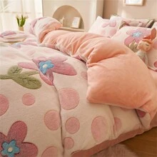 1個花卉卡通印花粉色雪花毛絨被套,冬秋保暖,可用作被套或毛毯,不含填充物,適用於臥室床上用品 - 粉色 - 查看 1