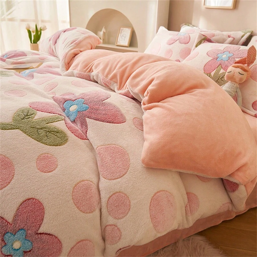 1個花卉卡通印花粉色雪花毛絨被套,冬秋保暖,可用作被套或毛毯,不含填充物,適用於臥室床上用品 - 粉色 - 查看 1