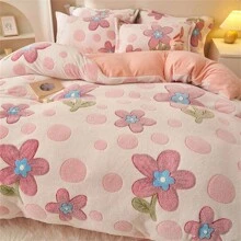 1個花卉卡通印花粉色雪花毛絨被套,冬秋保暖,可用作被套或毛毯,不含填充物,適用於臥室床上用品 - 粉色 - 查看 3