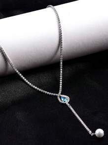 1入時尚銀色立體方形鑽和珍珠的淚滴項鍊,適合女性的日常穿著 - 銀色 - 查看 4