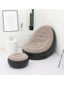 Silla inflable con otomana y soporte para tazas, sofá portátil, tumbona de aire, sofá perezoso para camping, juegos, almuerzo, jardín, fiesta, disfrutar de tomar el sol - Caqui - Ver 2