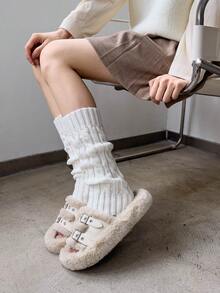 1雙女式腿暖器,純色扭結編織,保暖且塑形腿部,y2k時尚,適合日常穿著 - 白色 - 查看 2