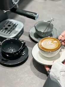 1pc Ceramic Coffee Cup Set With Coaster, Suitable For Home And Office Use, Great As A Gift For Friends - Dark Grey - View 7