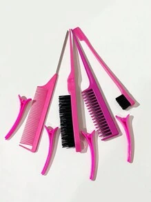 8入組吹髮刷套裝,邊緣刷梳夾和造型梳,雙邊刷和耐用的長尾梳 - 玫紅色 - 查看 4
