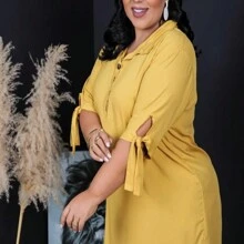Chemise Plus Size Vestido Feminino G1 ao G3 Em Viscolinho Camisao Botao - Amarelo - Visão 5