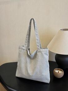 1個休閒實色灰綠色窄線絨布簡約輕便摺疊肩背&手提袋,適合購物和日常使用 - 淺灰色 - 查看 9