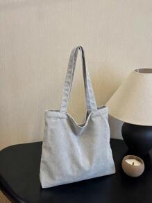 1個休閒實色灰綠色窄線絨布簡約輕便摺疊肩背&手提袋,適合購物和日常使用 - 淺灰色 - 查看 7