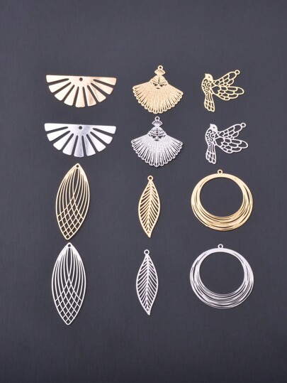 أقراط فضة عتيقة من النحاس الفاخر المفرغة والذهبية الخفيفة مع شكل مروحة وتعليقات الحمام والورق الفضي 10قطع