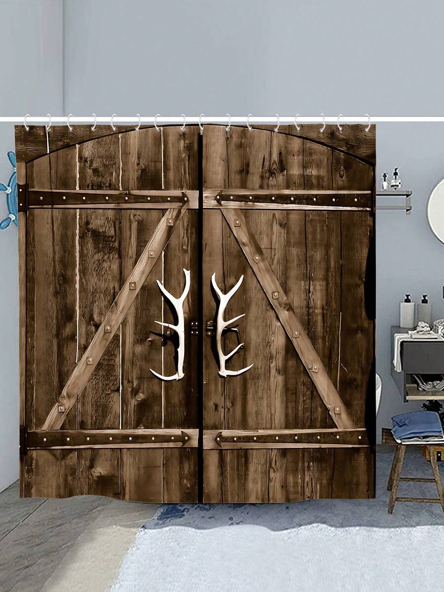 1入組鄉村風格老式木質地板大門淋浴簾配12個鉤子 - 彩色 - 查看 1