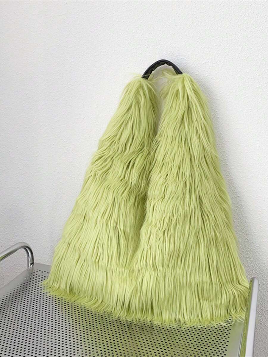 新款时尚大容量长毛绒单肩手提包 - 軍綠色 - 查看 1