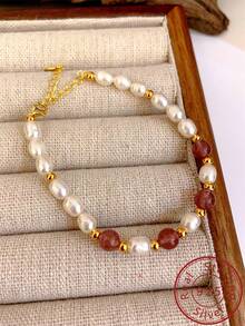 1入奢華925純銀手環,配有天然粉色草莓水晶、淡水珍珠和24k鍍金,手工珠寶,可調節大小,適合女性日常佩戴或節日禮物