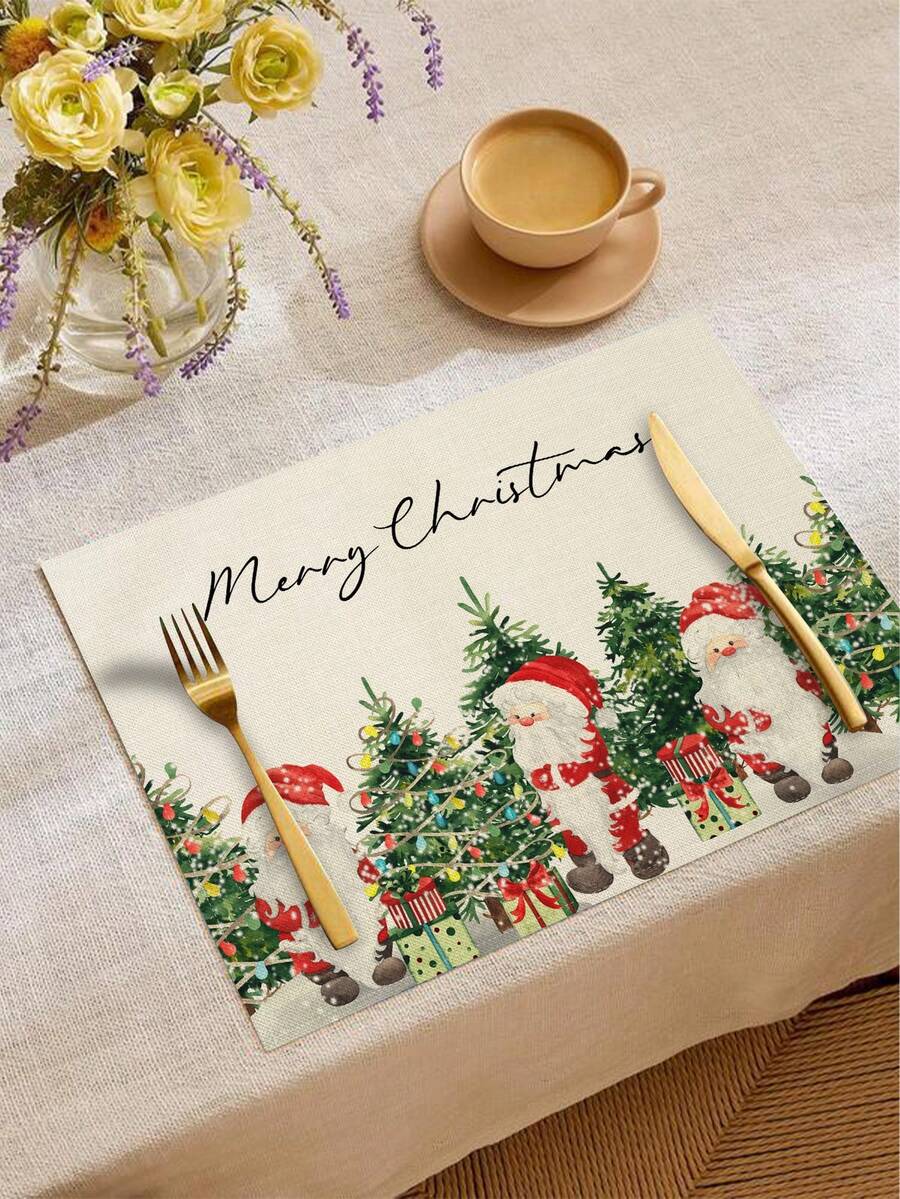 1pc Christmas Santa Claus & Tree Linen Decorative Placemat - Multicolor - View 1