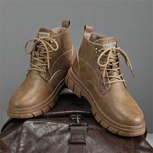 Men's British Style Fashion Motorcycle Boots With Thick Sole, Lace-up, Black Color Casual Shoes For Walking And Formal Occasions - Khaki - View 2