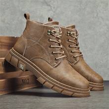 Men's British Style Fashion Motorcycle Boots With Thick Sole, Lace-up, Black Color Casual Shoes For Walking And Formal Occasions - Khaki - View 5