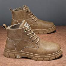 Men's British Style Fashion Motorcycle Boots With Thick Sole, Lace-up, Black Color Casual Shoes For Walking And Formal Occasions - Khaki - View 3