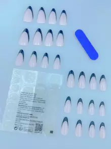 改變你的指甲 - 24入組中長杏仁形黑色法式&閃粉蓋假指甲套裝，適合女性日常穿著，按壓式指甲補給品 - 黑色 - 查看 2